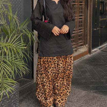Black Rayon Short Kurti & Animal Print Farshi Set