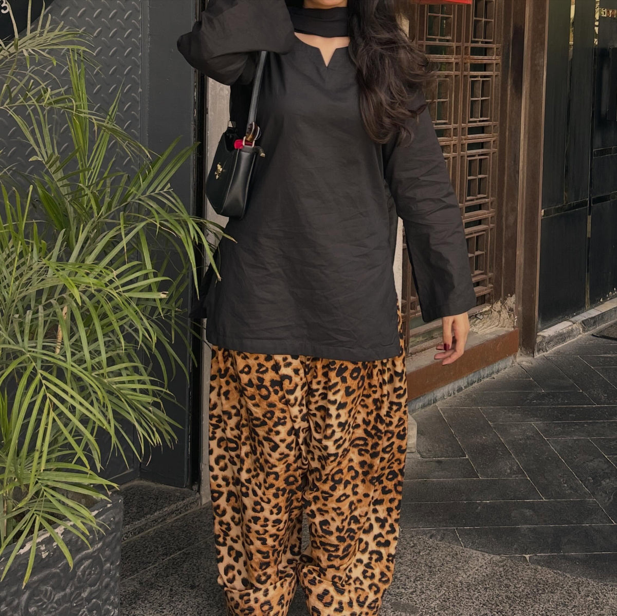 Black Rayon Short Kurti & Animal Print Farshi Set