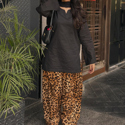 Black Rayon Short Kurti & Animal Print Farshi Set