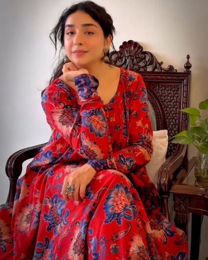 Red Floral Printed Cotton Flared Anarkali Kurta Set