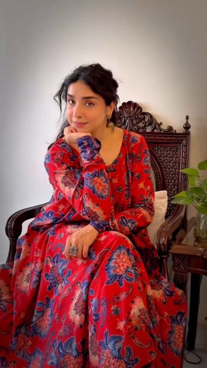 Red Floral Printed Cotton Flared Anarkali Kurta Set