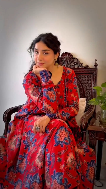 Red Floral Printed Cotton Flared Anarkali Kurta Set