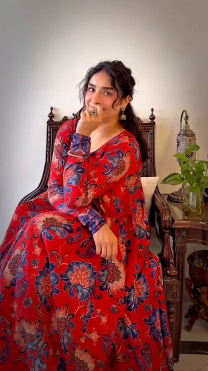 Red Floral Printed Cotton Flared Anarkali Kurta Set