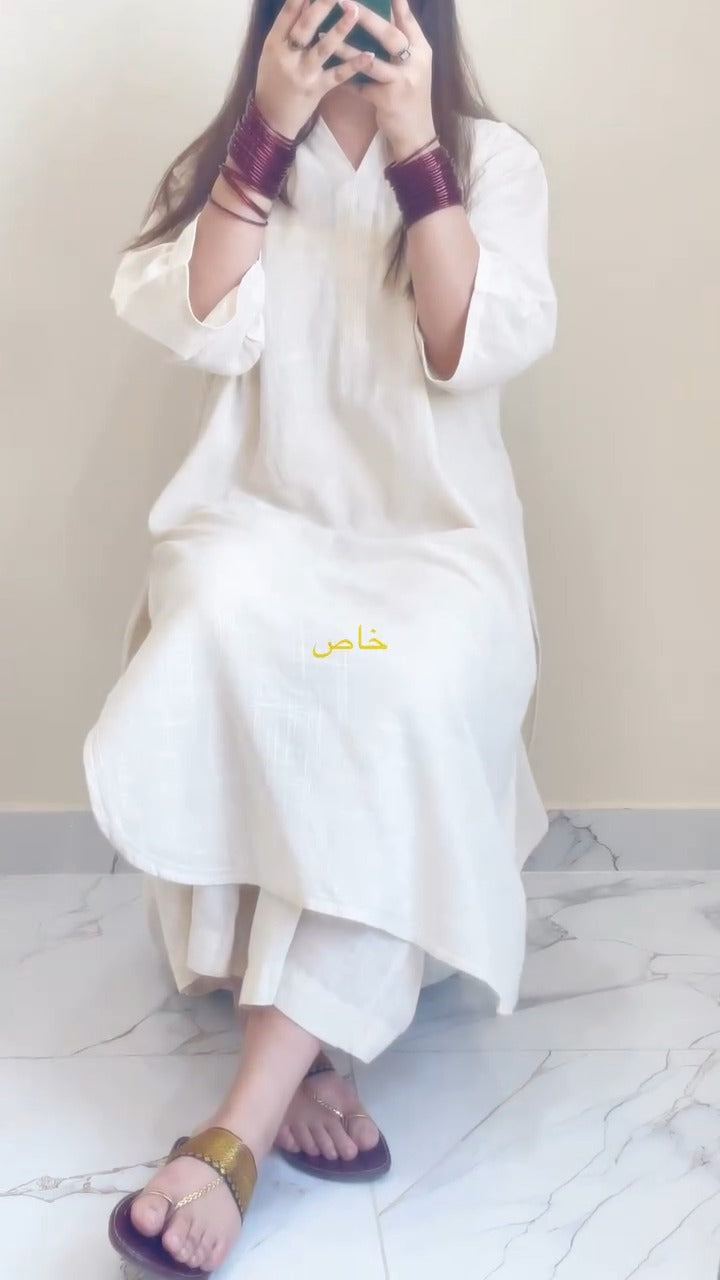 White Cotton Slub V-Neck Chinese Collar Kurta Pant Set