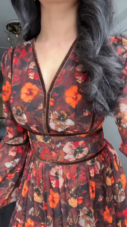 Autumn Floral Tiered Georgette Maxi Dress | Velvet Trim Accents | XS–5XL