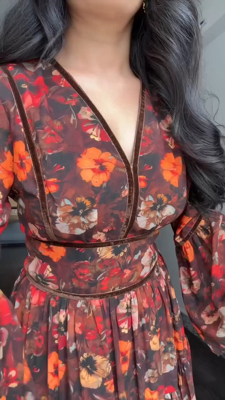 Autumn Floral Tiered Georgette Maxi Dress | Velvet Trim Accents | XS–5XL