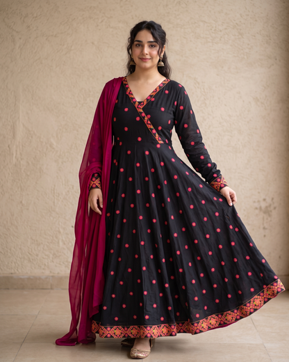 Black Embroidered Anarkali Kurta with Chiffon Dupatta | Navratri Special