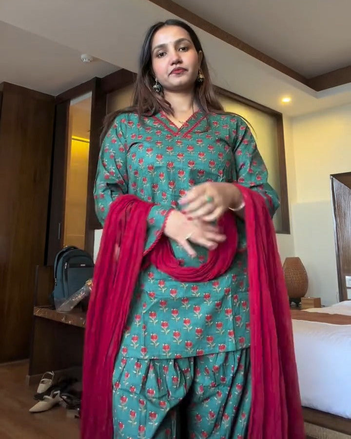 Green Floral Print Cotton Kurta + Farshi Salwar Set