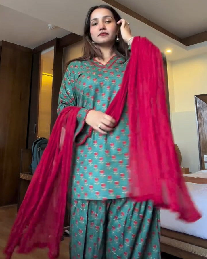 Green Floral Print Cotton Kurta + Farshi Salwar Set