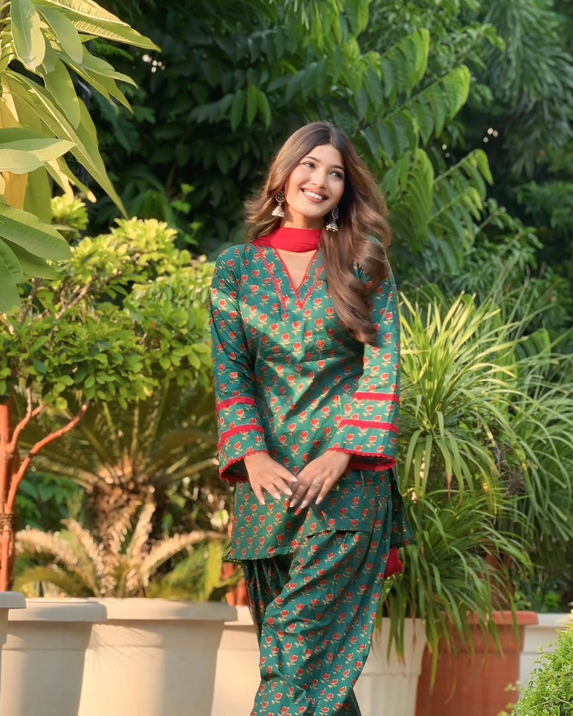 Green Floral Print Cotton Kurta + Farshi Salwar Set