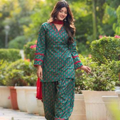 Green Floral Print Cotton Kurta + Farshi Salwar Set