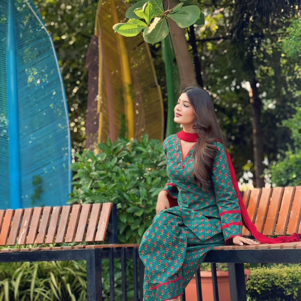 Green Floral Print Cotton Kurta + Farshi Salwar Set