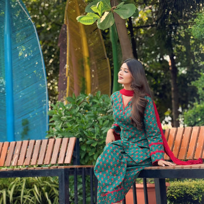Green Floral Print Cotton Kurta + Farshi Salwar Set