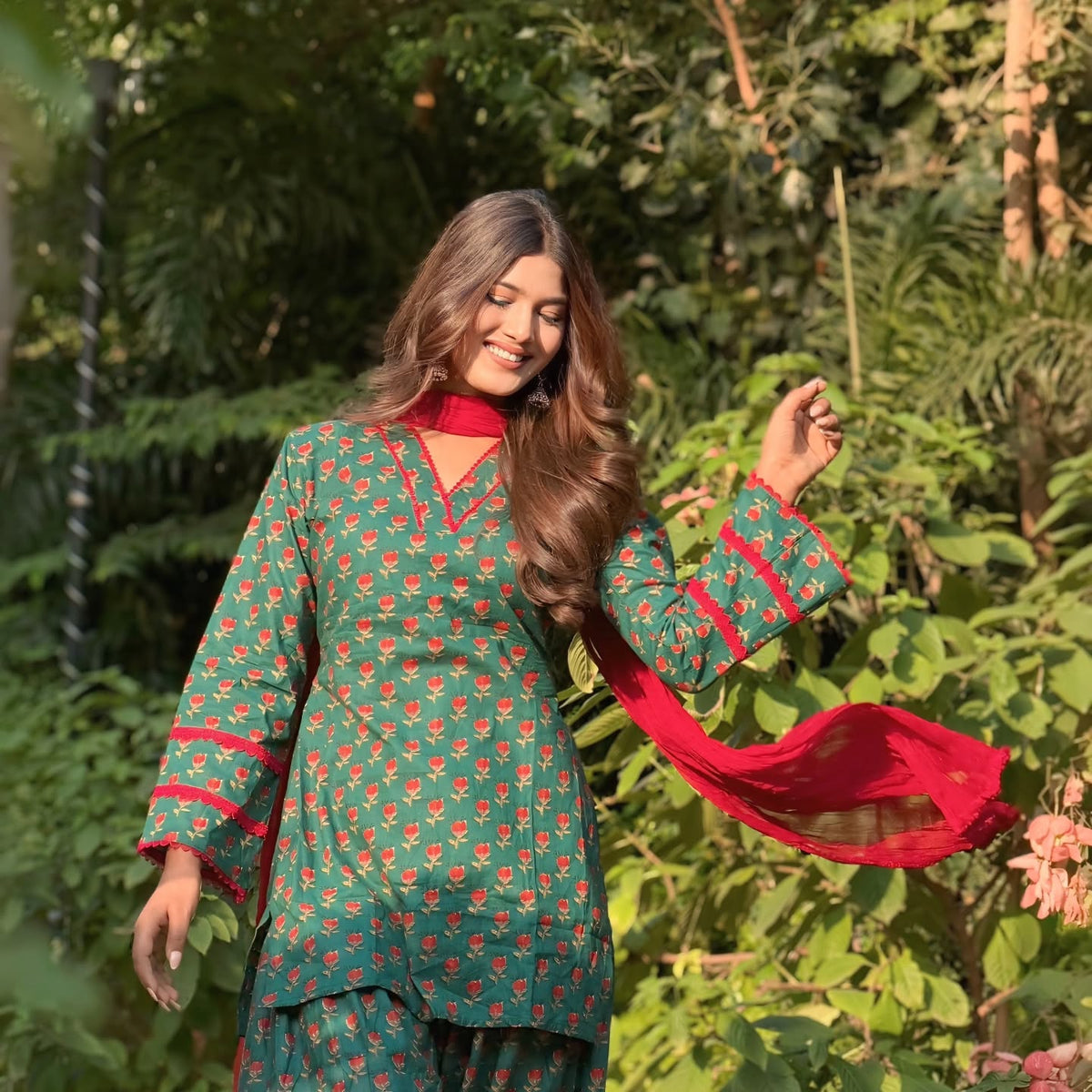 Green Floral Print Cotton Kurta + Farshi Salwar Set