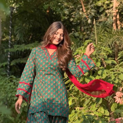 Green Floral Print Cotton Kurta + Farshi Salwar Set