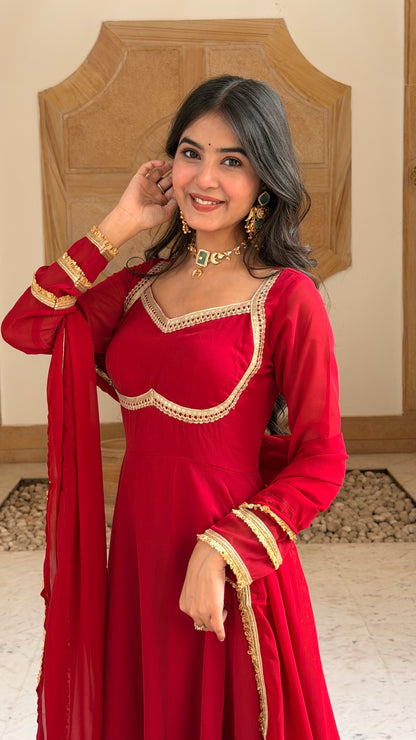 Red Georgette Anarkali Set with Dupatta | Gold Lace, Open Back | XS–5XL