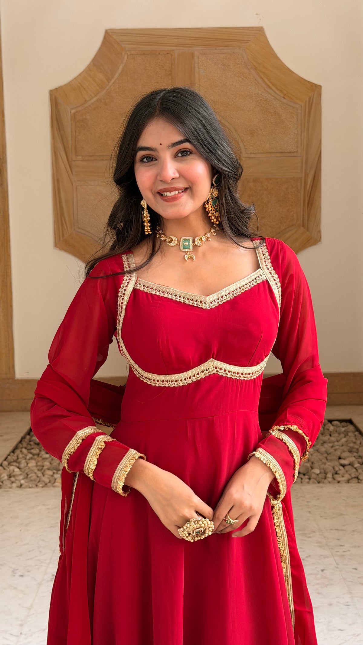 Red Georgette Anarkali Set with Dupatta | Gold Lace, Open Back | XS–5XL