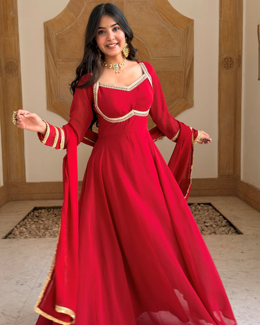 Red Georgette Anarkali Set with Dupatta | Gold Lace, Open Back | XS–5XL