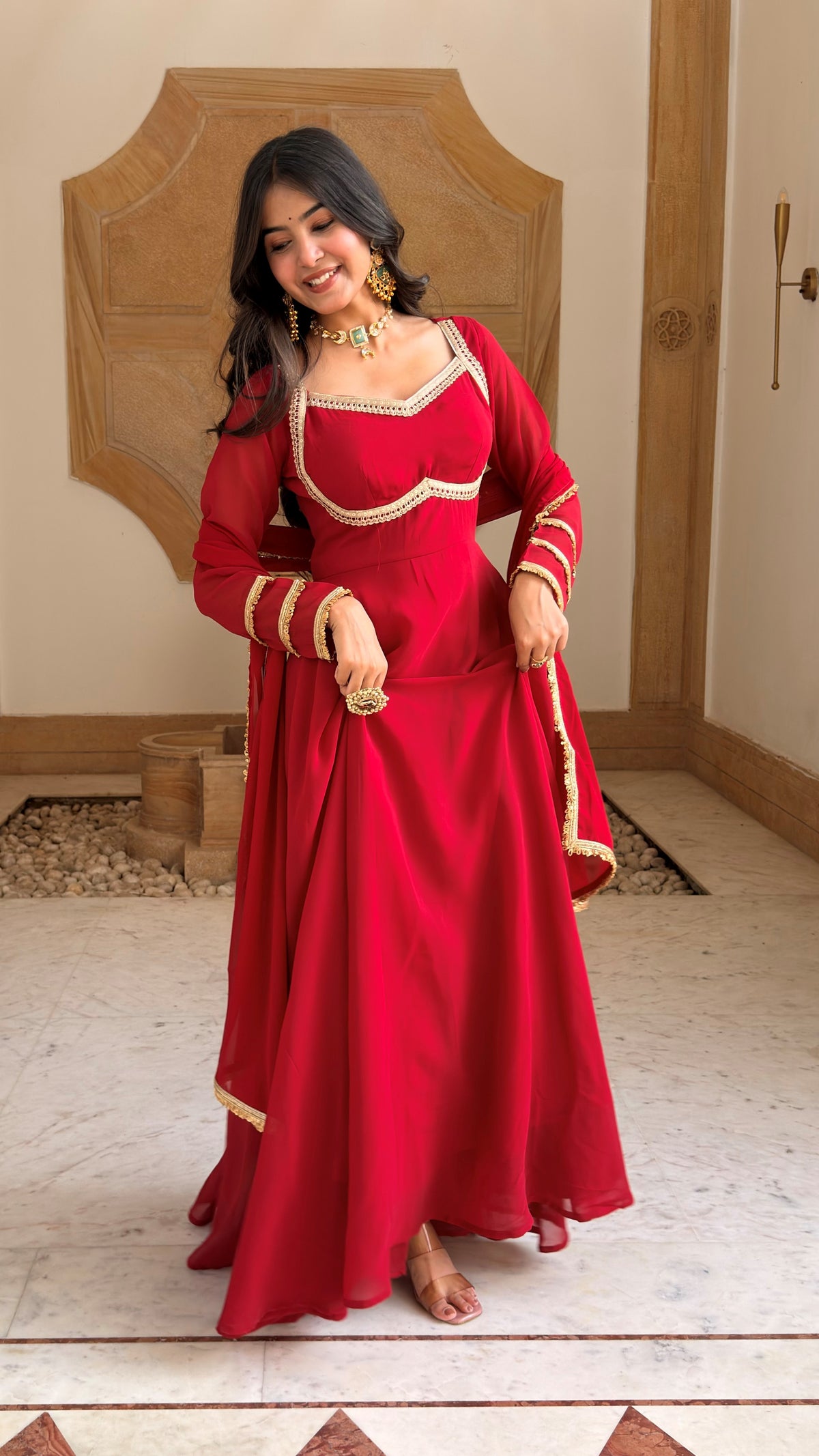 Red Georgette Anarkali Set with Dupatta | Gold Lace, Open Back | XS–5XL