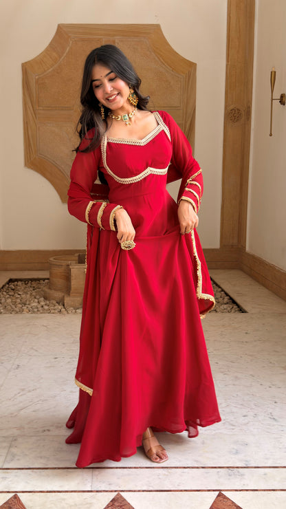Red Georgette Anarkali Set with Dupatta | Gold Lace, Open Back | XS–5XL