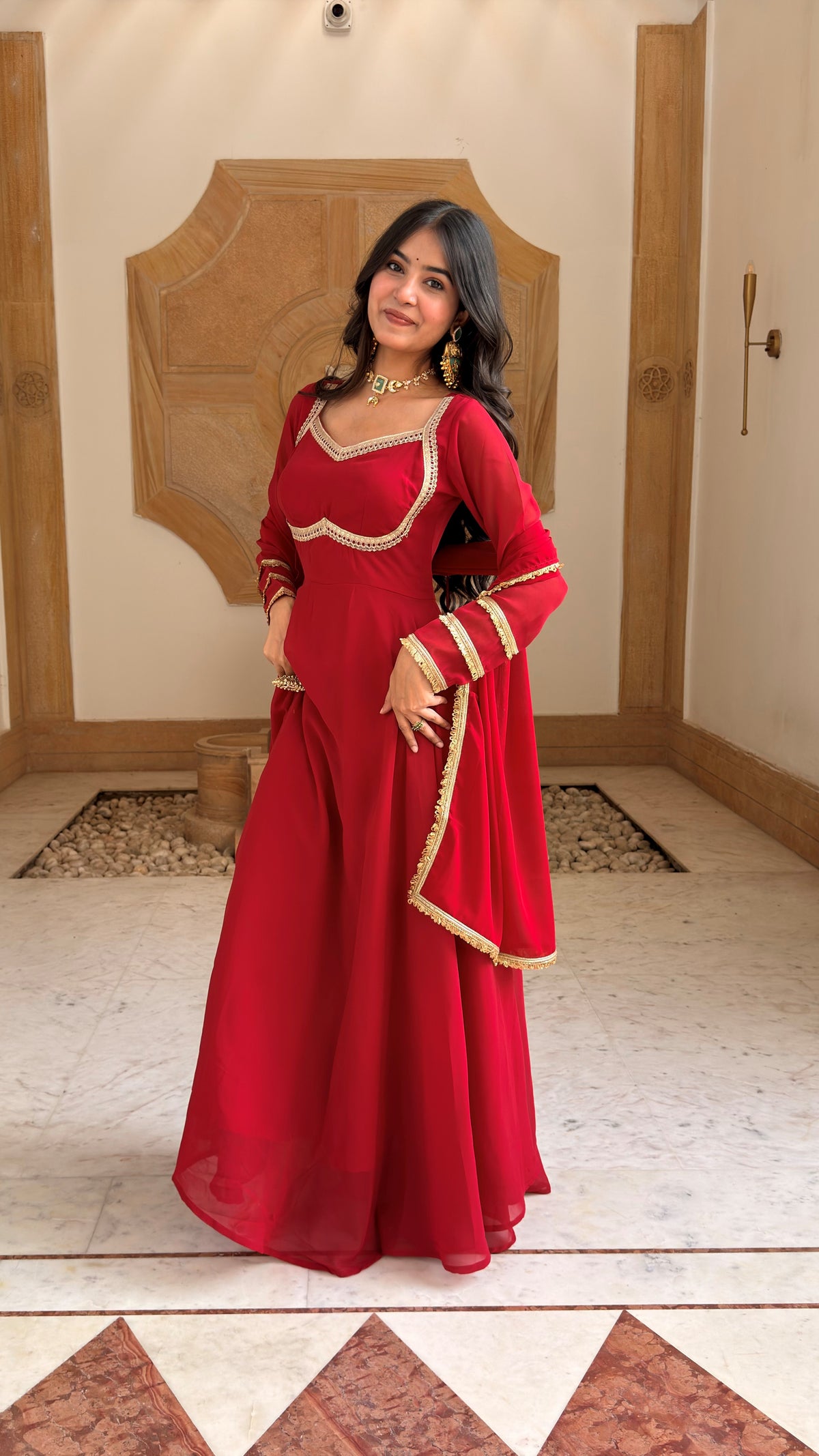 Red Georgette Anarkali Set with Dupatta | Gold Lace, Open Back | XS–5XL