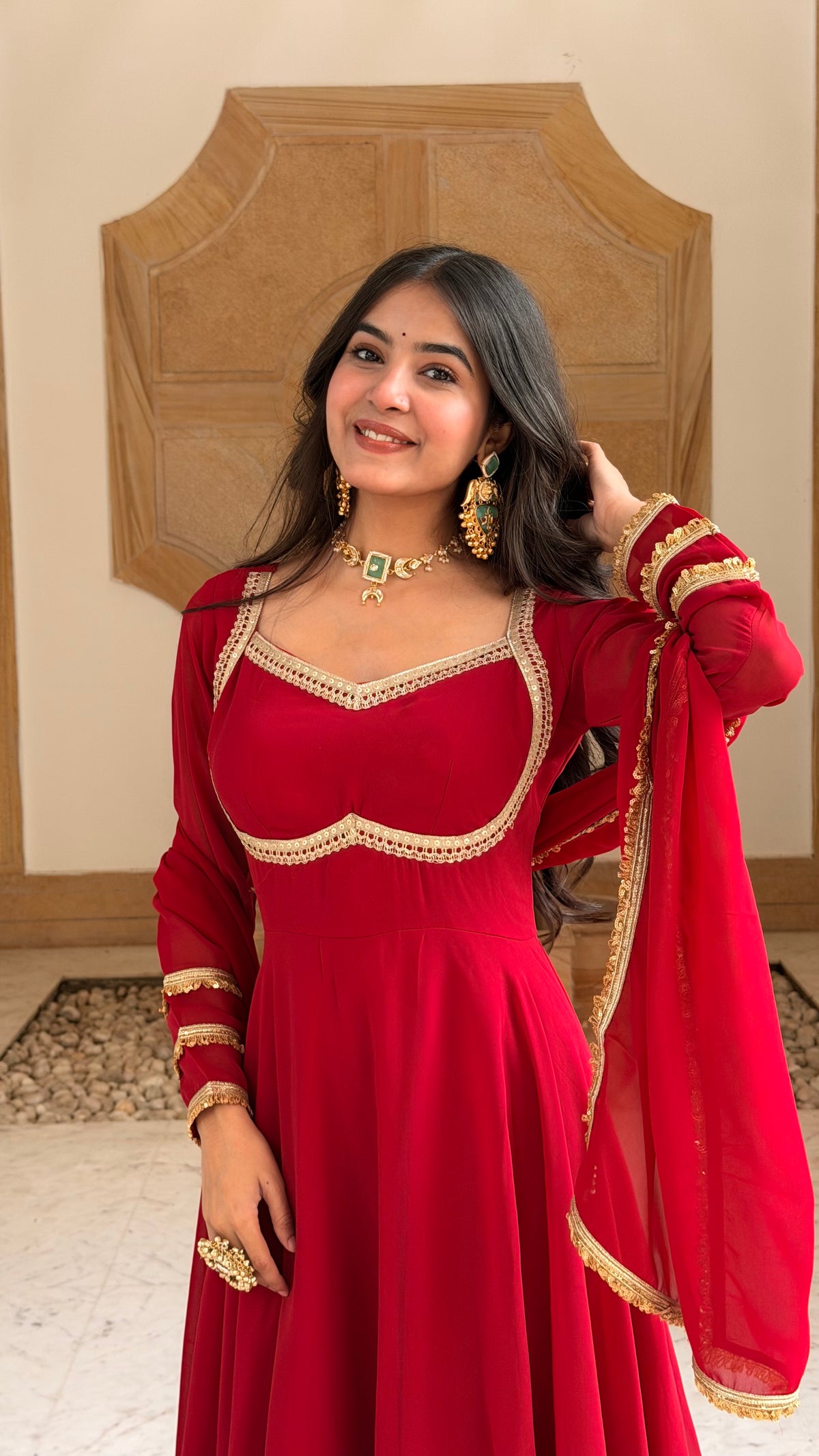 Red Georgette Anarkali Set with Dupatta | Gold Lace, Open Back | XS–5XL