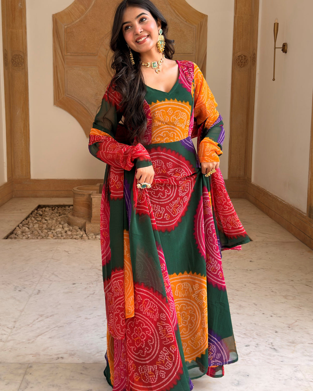 Multicolor Bandhani Print Georgette Anarkali Set with Dupatta | Sweetheart Neck, Backless | XS–5XL