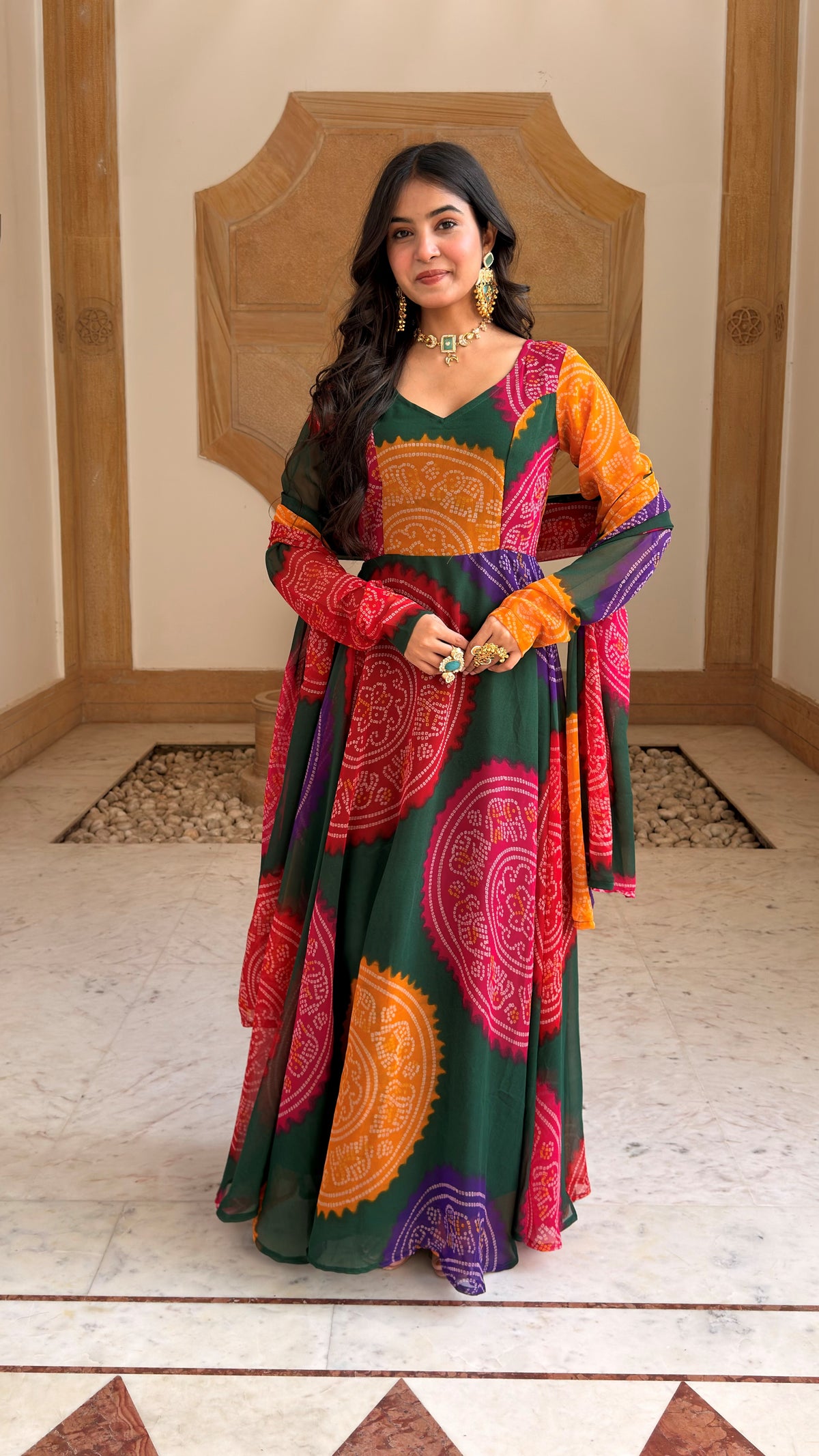 Multicolor Bandhani Print Georgette Anarkali Set with Dupatta | Sweetheart Neck, Backless | XS–5XL