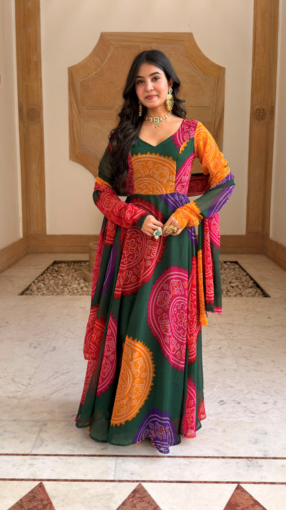 Multicolor Bandhani Print Georgette Anarkali Set with Dupatta | Sweetheart Neck, Backless | XS–5XL