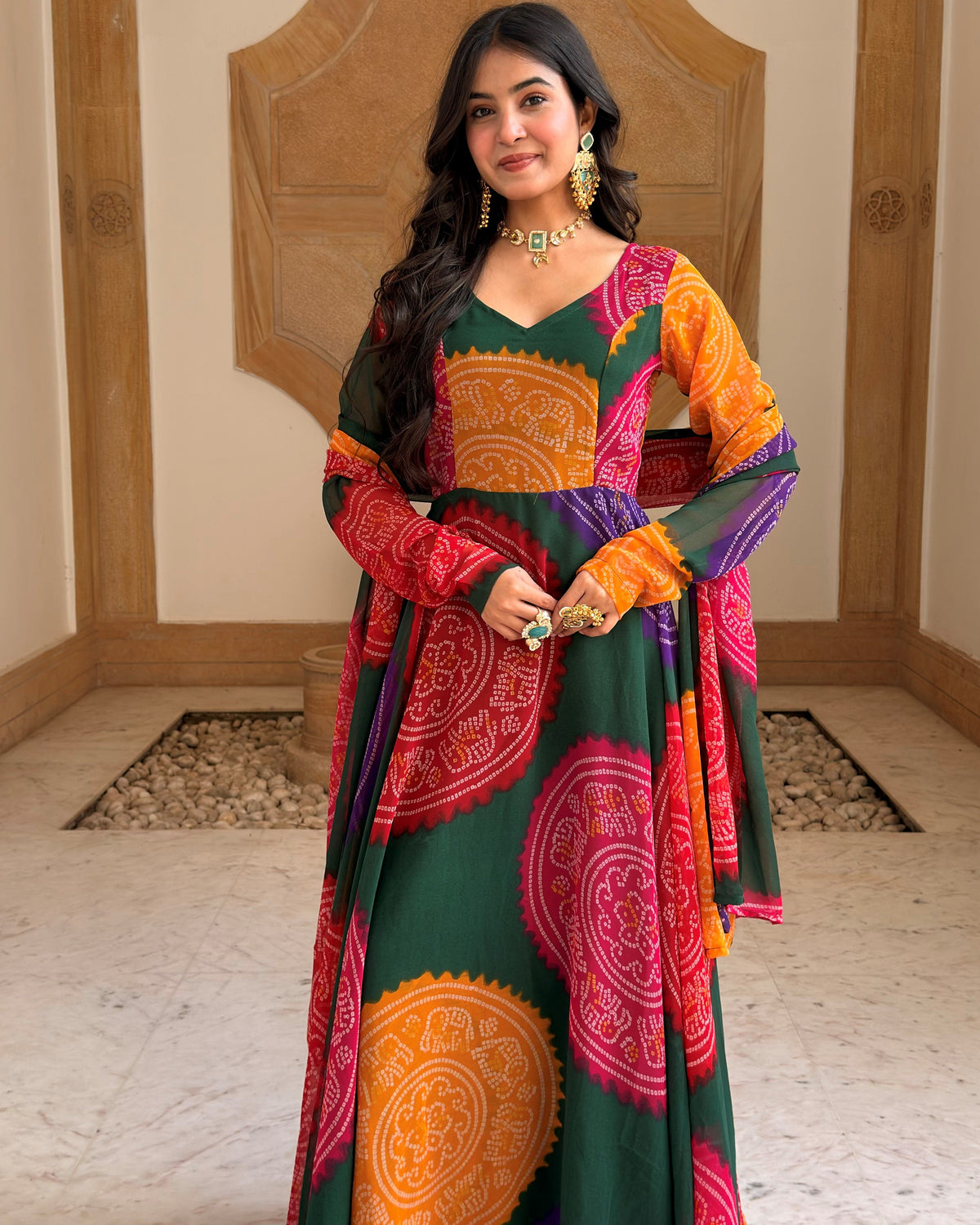Multicolor Bandhani Print Georgette Anarkali Set with Dupatta | Sweetheart Neck, Backless | XS–5XL