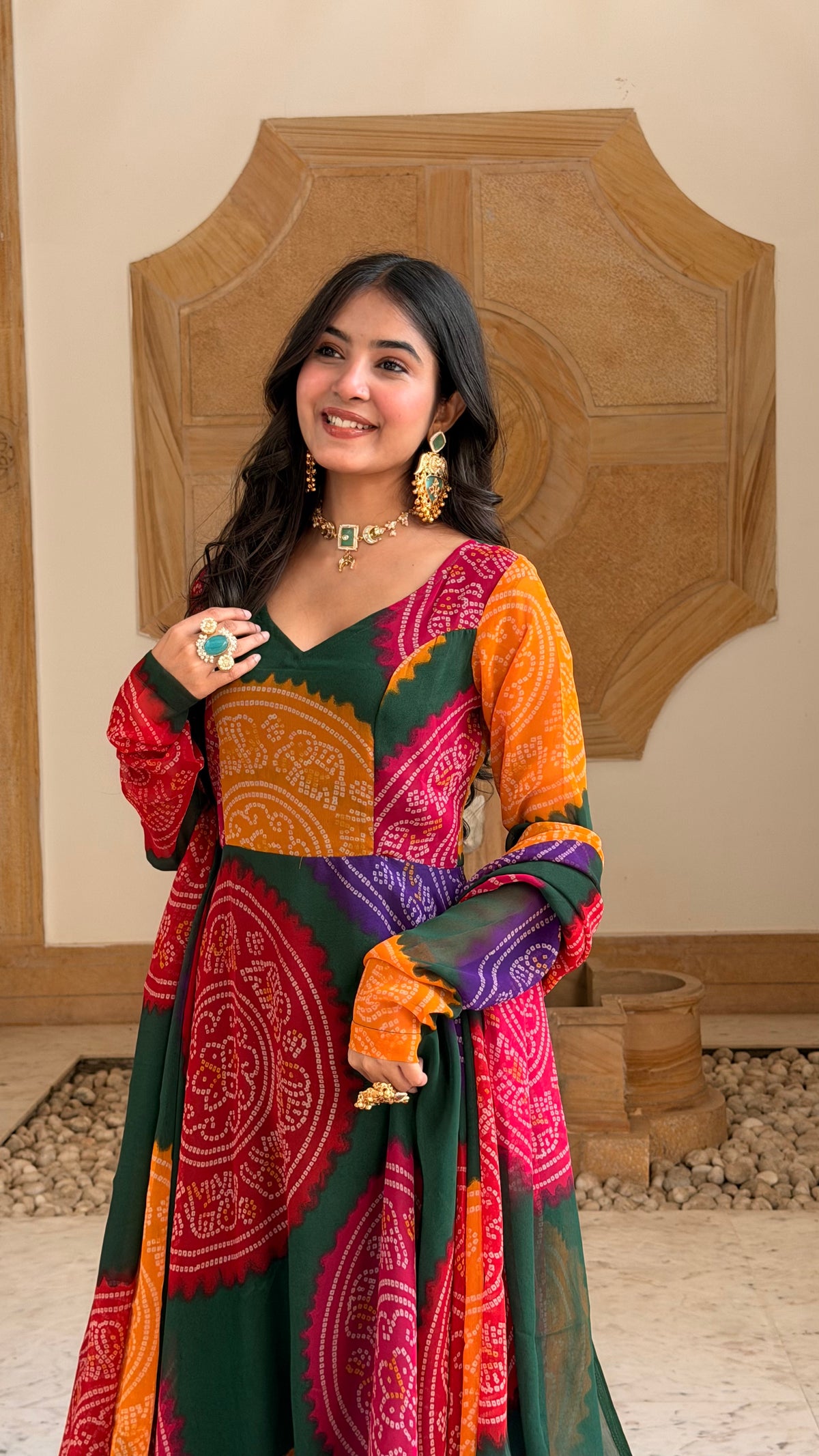 Multicolor Bandhani Print Georgette Anarkali Set with Dupatta | Sweetheart Neck, Backless | XS–5XL