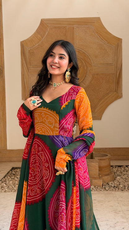 Multicolor Bandhani Print Georgette Anarkali Set with Dupatta | Sweetheart Neck, Backless | XS–5XL