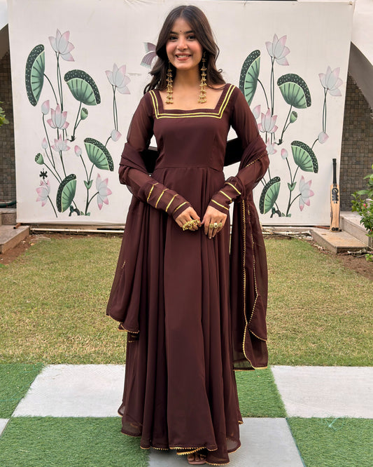 Brown Georgette Anarkali Set with Dupatta | Square Neck, Full Sleeves, Backless | XS–5XL
