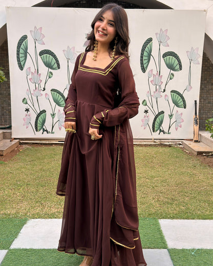 Brown Georgette Anarkali Set with Dupatta | Square Neck, Full Sleeves, Backless | XS–5XL