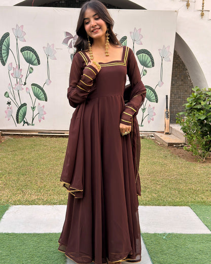 Brown Georgette Anarkali Set with Dupatta | Square Neck, Full Sleeves, Backless | XS–5XL