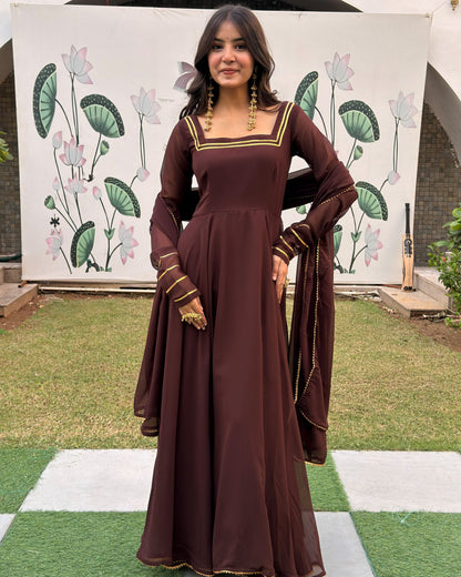 Brown Georgette Anarkali Set with Dupatta | Square Neck, Full Sleeves, Backless | XS–5XL