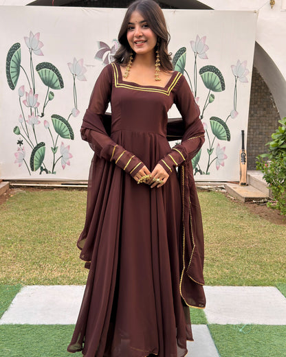 Brown Georgette Anarkali Set with Dupatta | Square Neck, Full Sleeves, Backless | XS–5XL