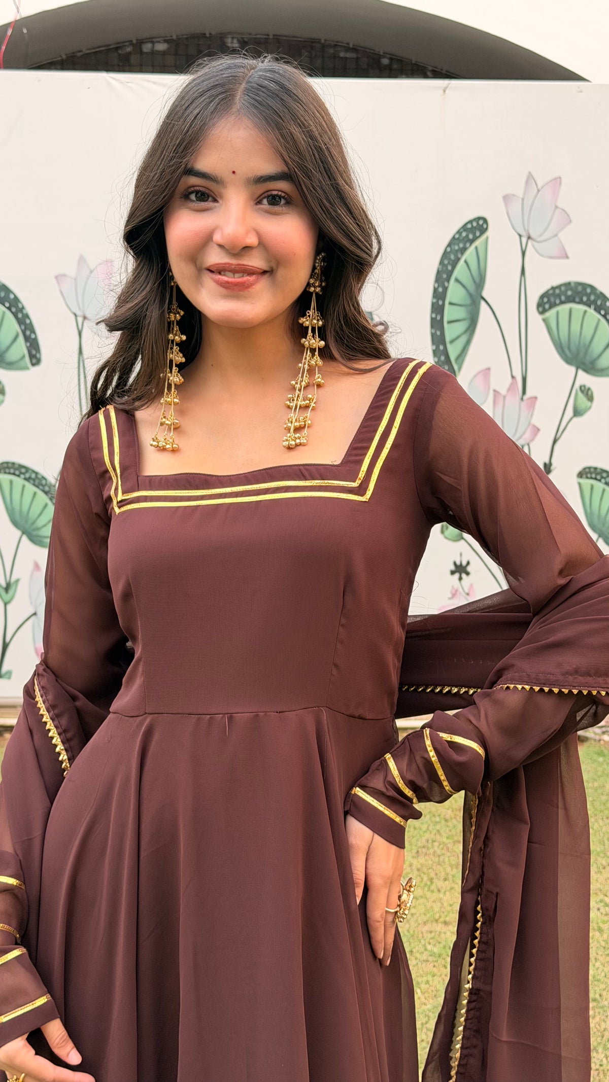 Brown Georgette Anarkali Set with Dupatta | Square Neck, Full Sleeves, Backless | XS–5XL