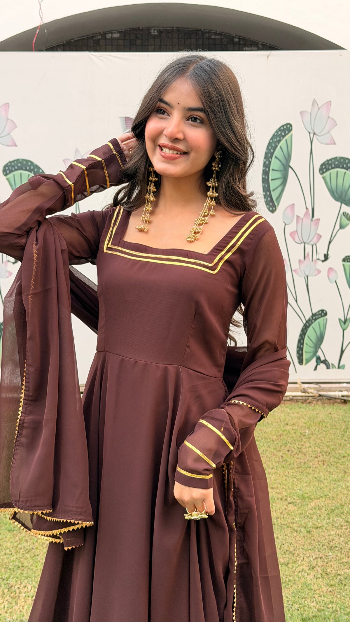 Brown Georgette Anarkali Set with Dupatta | Square Neck, Full Sleeves, Backless | XS–5XL
