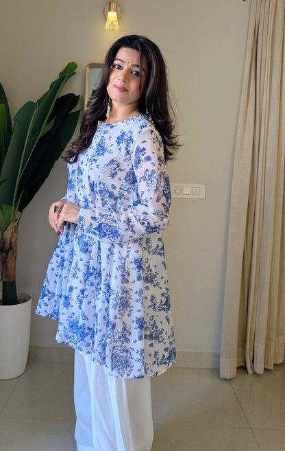 White Blue Floral Georgette Peplum Kurta with White Farshi Salwar | XS–5XL