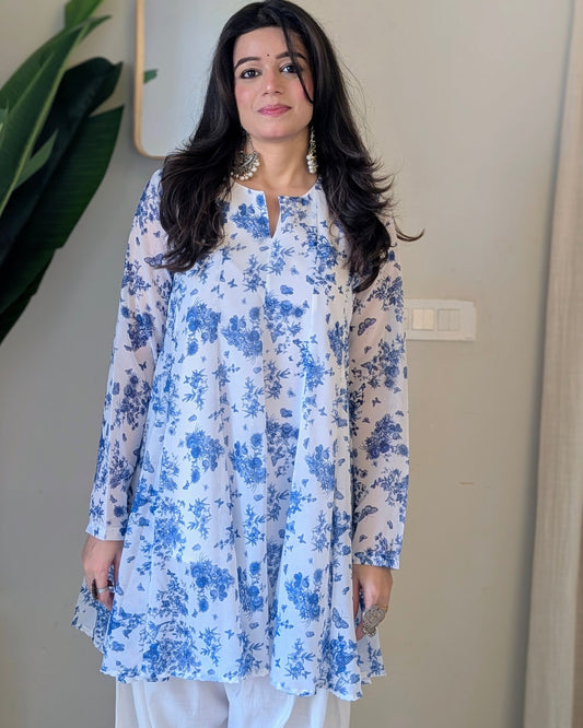 White Blue Floral Georgette Peplum Kurta with White Farshi Salwar | XS–5XL