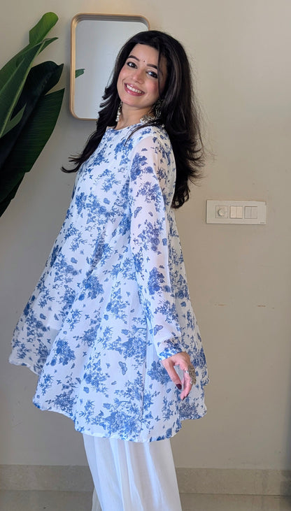 White Blue Floral Georgette Peplum Kurta with White Farshi Salwar | XS–5XL