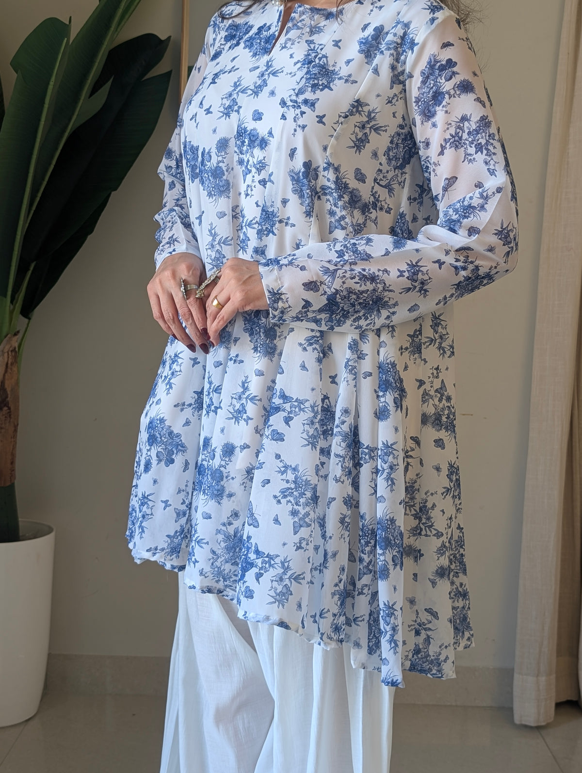 White Blue Floral Georgette Peplum Kurta with White Farshi Salwar | XS–5XL