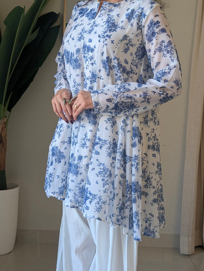 White Blue Floral Georgette Peplum Kurta with White Farshi Salwar | XS–5XL