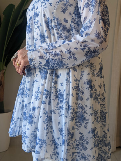 White Blue Floral Georgette Peplum Kurta with White Farshi Salwar | XS–5XL