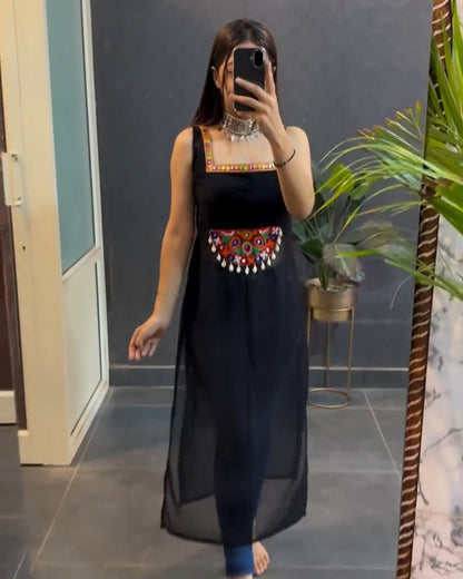 Festive Black Georgette Sleeveless Kurti – Navratri Special