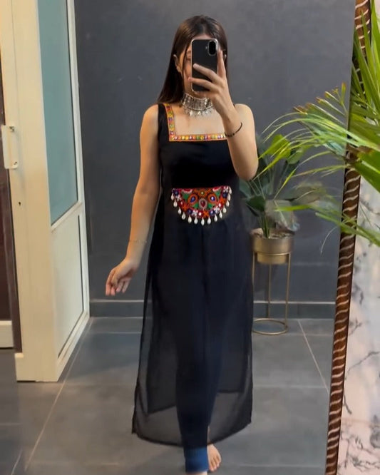 Festive Black Georgette Sleeveless Kurti – Navratri Special