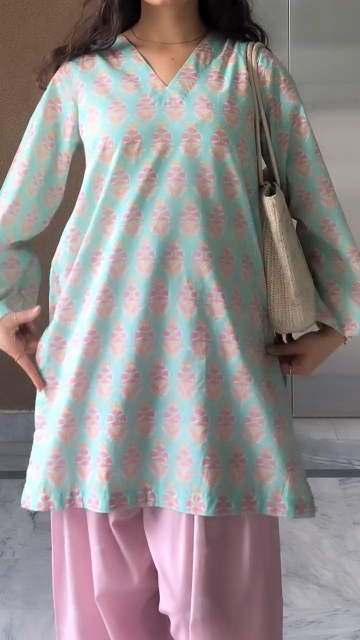 Seafoam Floral Cotton Kurta with Contrast Blush Pink Farshi Salwar