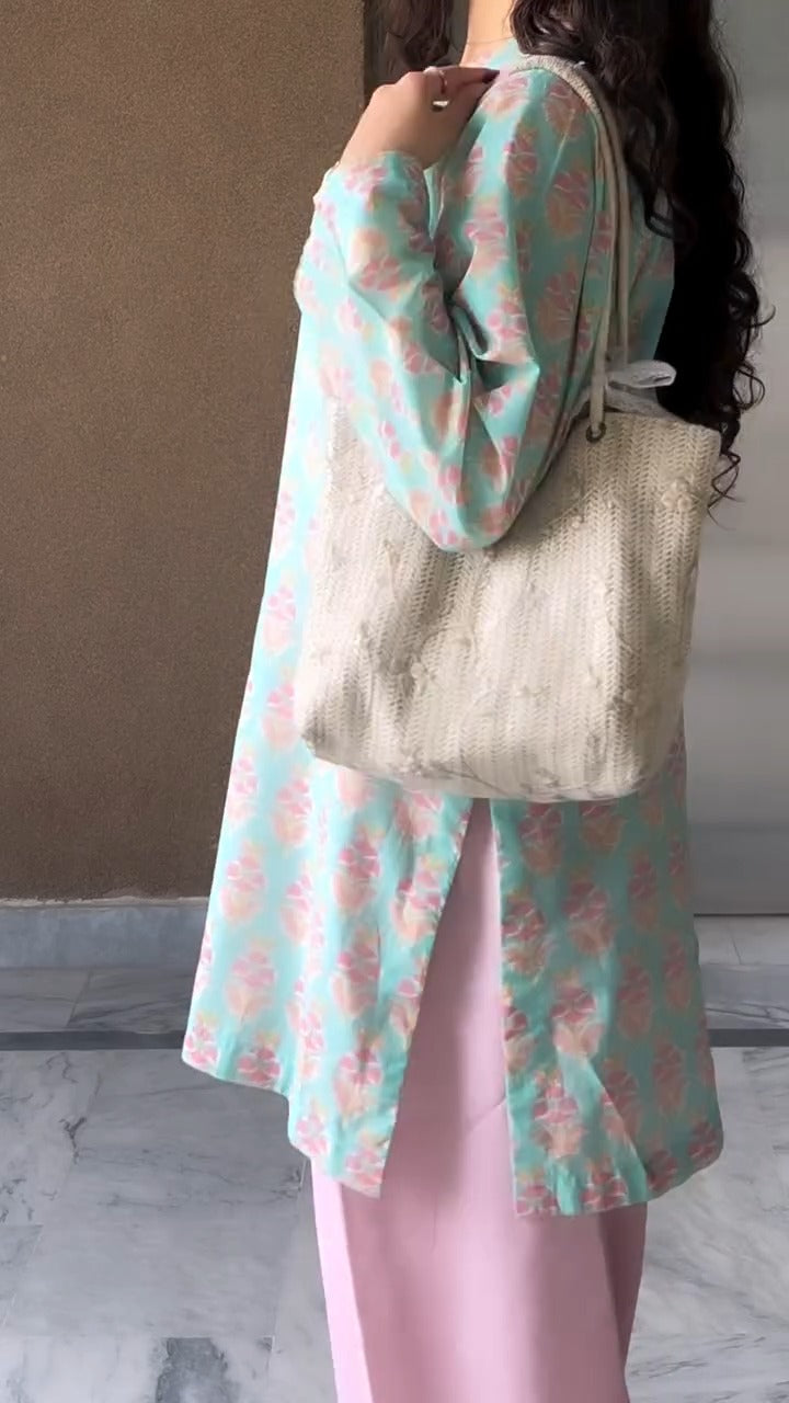 Seafoam Floral Cotton Kurta with Contrast Blush Pink Farshi Salwar