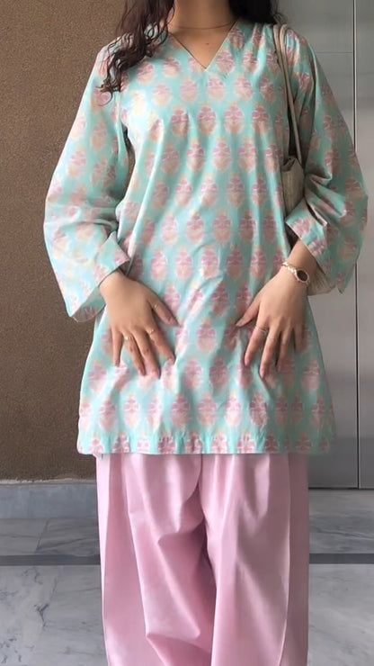 Seafoam Floral Cotton Kurta with Contrast Blush Pink Farshi Salwar